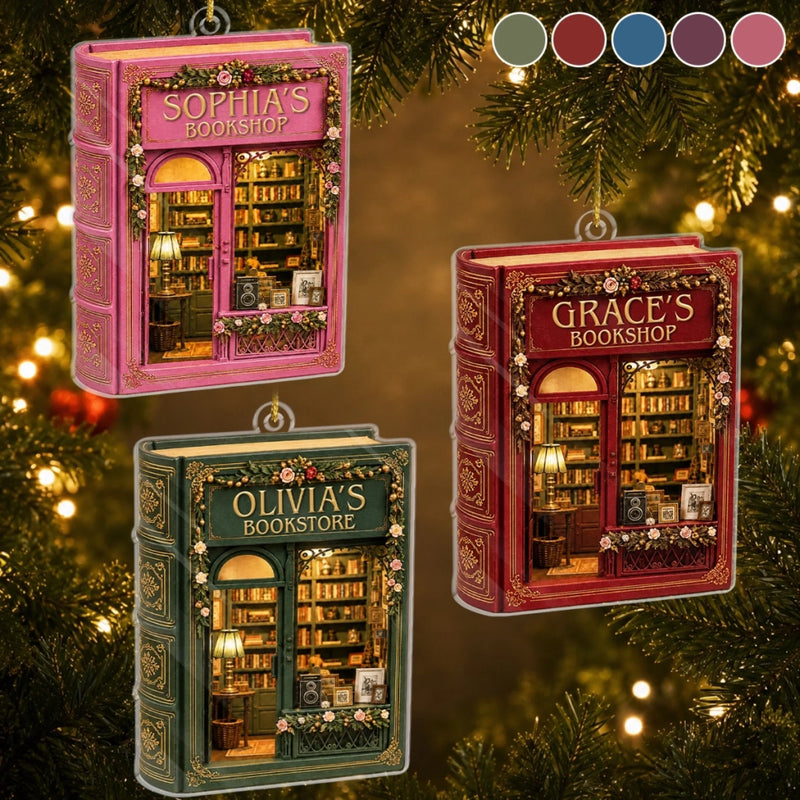 Bookshop Ornament, Personalized Book Lover Christmas Ornament, Custom Name Miniature Bookstore Gift  available at our Austin, Texas warehouse