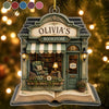 Customer in Austin, Texas wearing Bookstore Bookshop Ornament Set of 3, Custom Name Book Lover Christmas Tree Gift for Readers