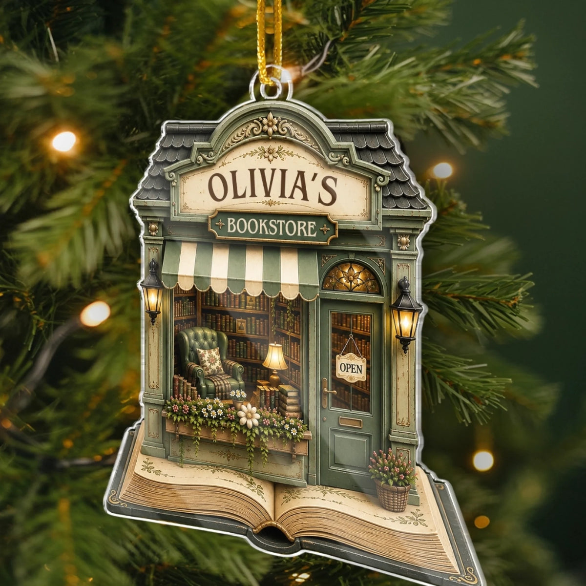Close-up of Bookstore Bookshop Ornament Set of 3, Custom Name Book Lover Christmas Tree Gift for Readers for streetwear fans in Austin, Texas