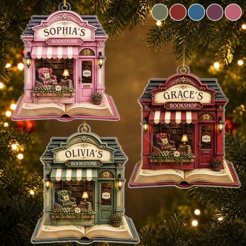 Bookstore Bookshop Ornament Set of 3, Custom Name Book Lover Christmas Tree Gift for Readers available at our Austin, Texas warehouse