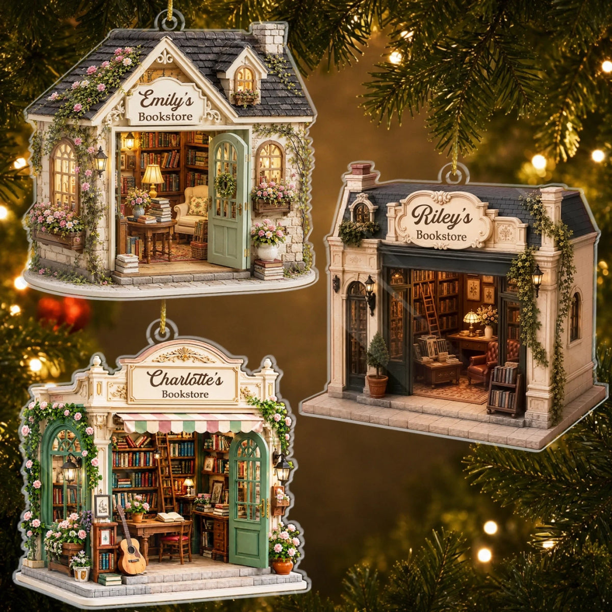 Bookstore Ornament, Personalized Book Lover Christmas Gift, Literary Cottagecore Miniature Bookshop  on a hanger, ready to ship from Austin, Texas