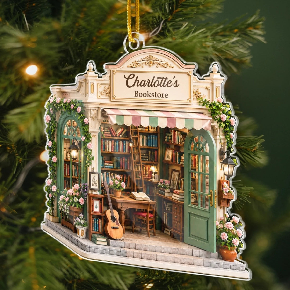 Customer in Austin, Texas wearing Bookstore Ornament, Personalized Book Lover Christmas Gift, Literary Cottagecore Miniature Bookshop 