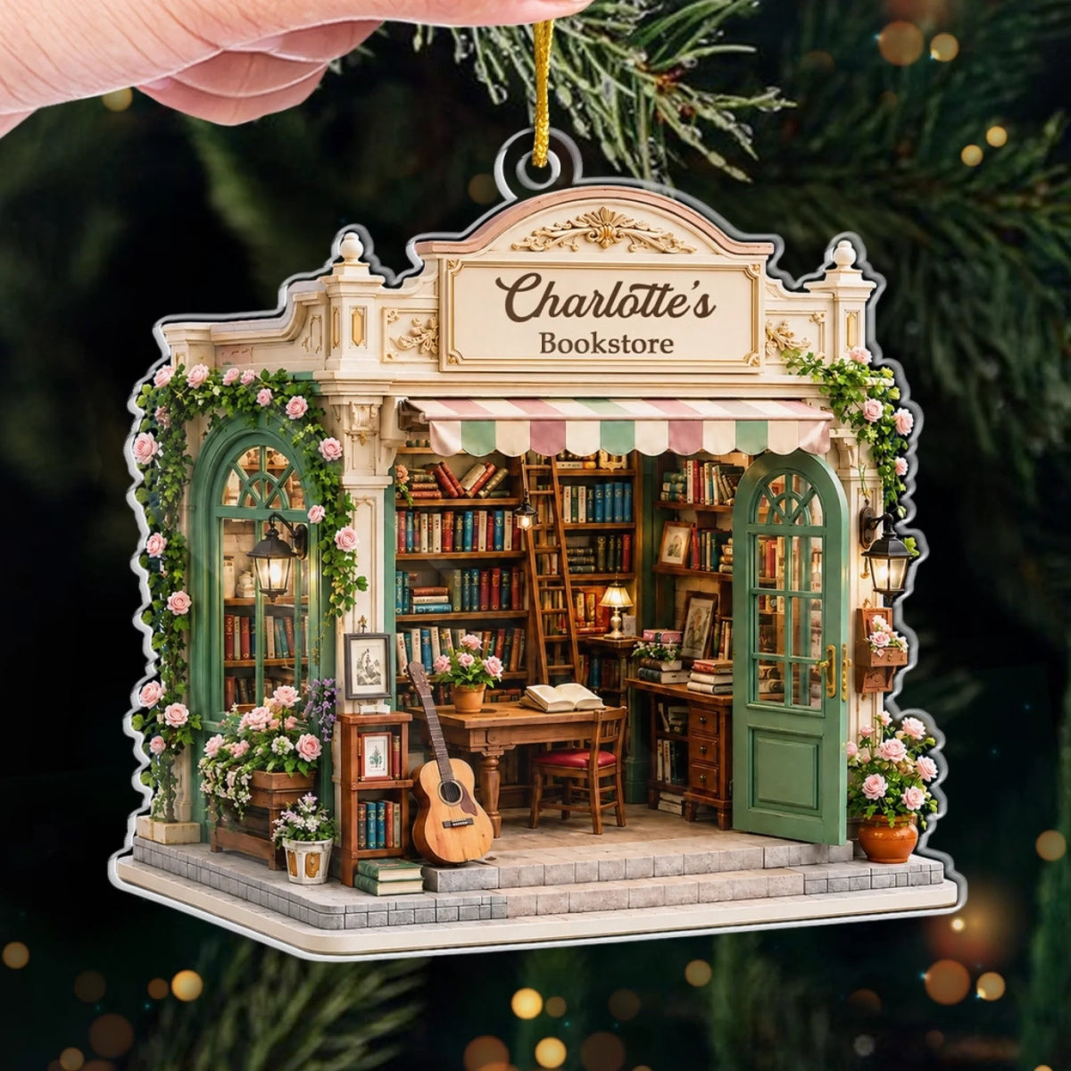Close-up of Bookstore Ornament, Personalized Book Lover Christmas Gift, Literary Cottagecore Miniature Bookshop  for streetwear fans in Austin, Texas