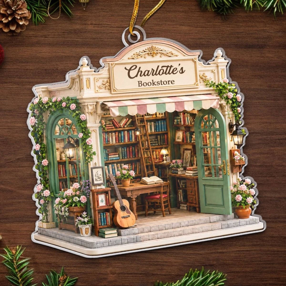 Customer in Austin, Texas wearing Bookstore Ornament, Personalized Book Lover Christmas Gift, Literary Cottagecore Miniature Bookshop 