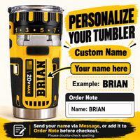 Instruction graphic showing how to personalize the drill theme stainless steel insulated cup with a custom name.