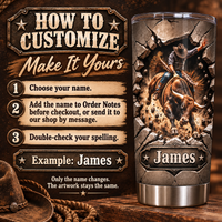 A personalized western rodeo gift tumbler alongside a customization instruction card on a rustic wooden background.