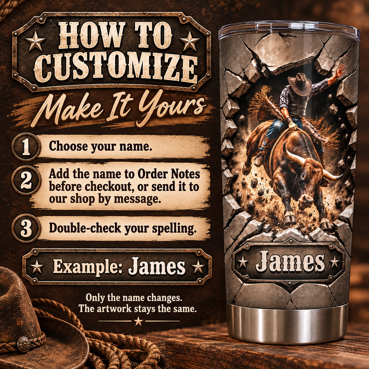 A personalized western rodeo gift tumbler alongside a customization instruction card on a rustic wooden background.