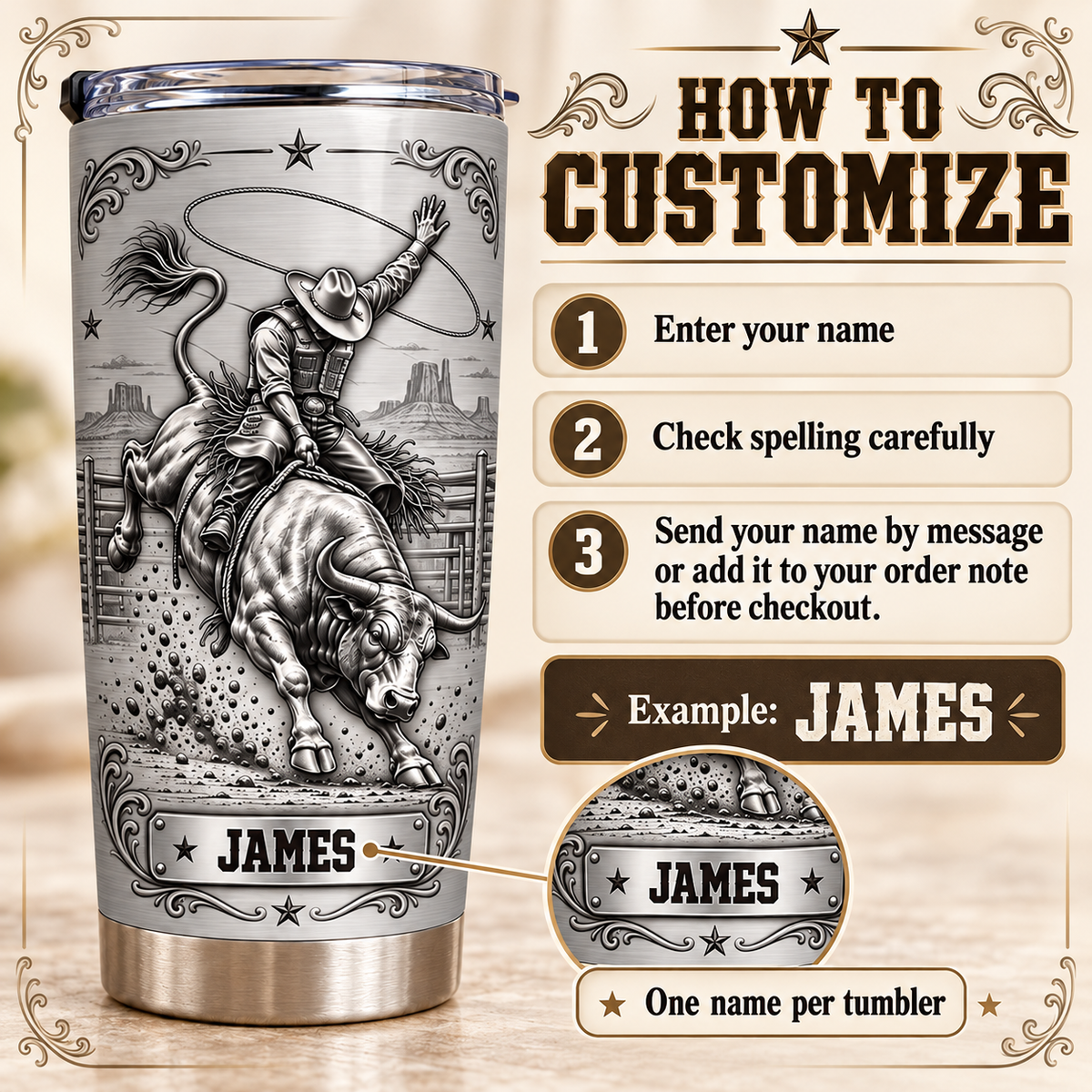 Bull Rider Tumbler - personalization instructions