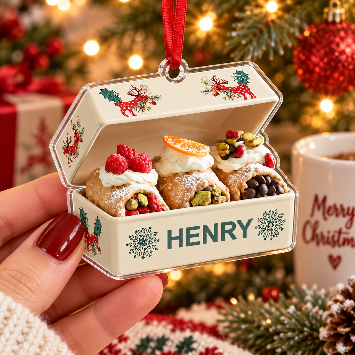 Hand holding the personalized cannoli Christmas ornament with red and green holiday motifs against a tree and mug background.
