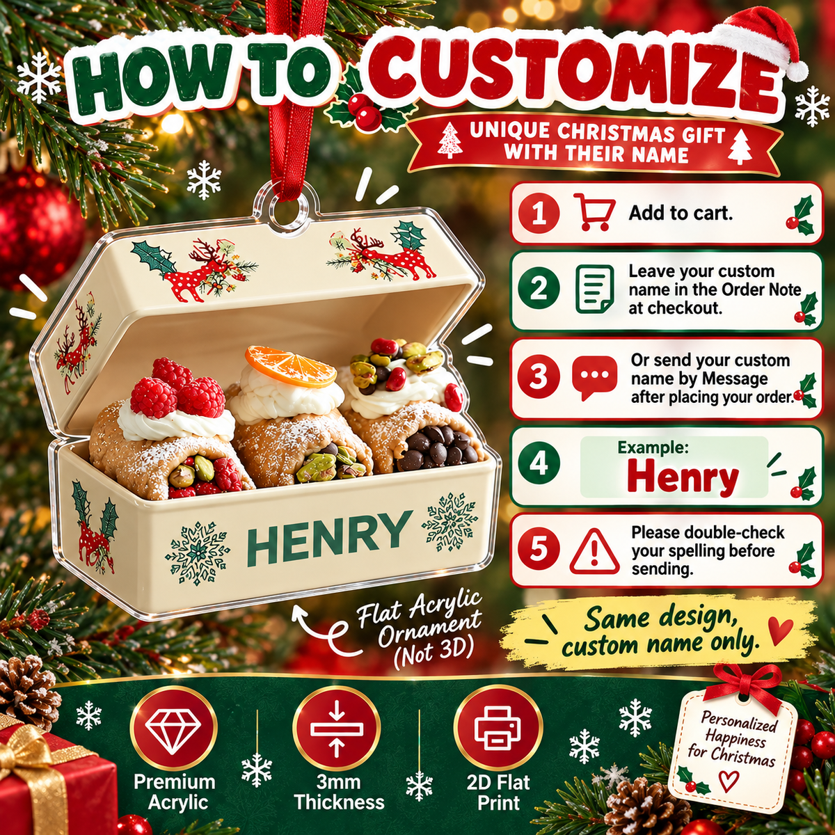 Step-by-step custom ordering guide for the personalized cannoli Christmas ornament with icons and text instructions.