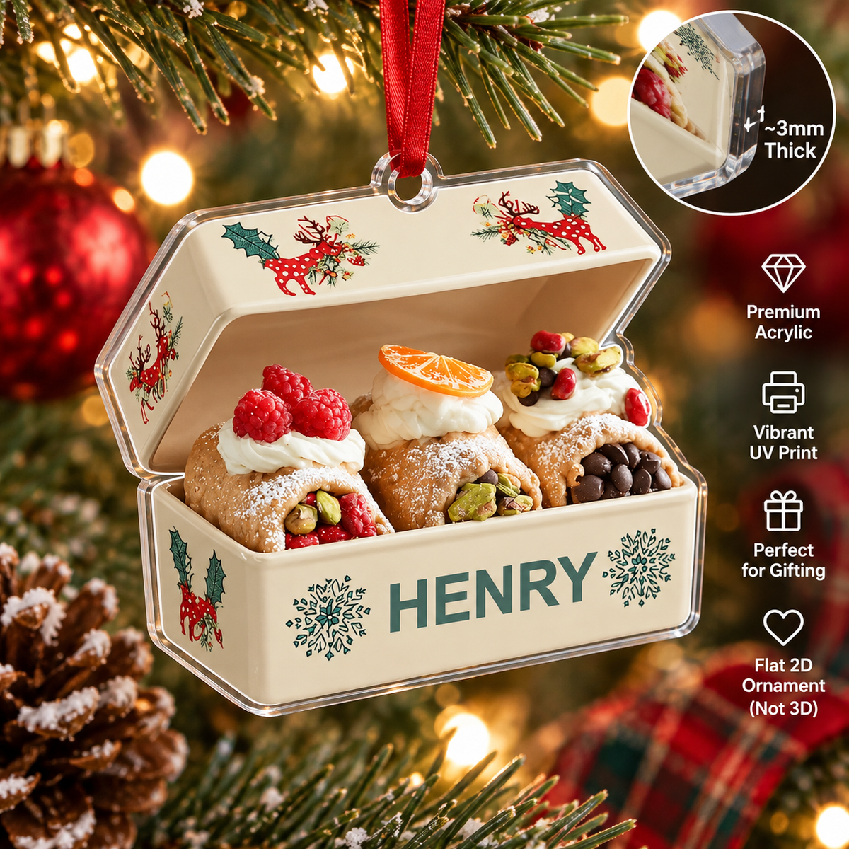 Cannoli Christmas ornament personalized with the name Henry on a flat acrylic cannoli box design hanging on a tree.