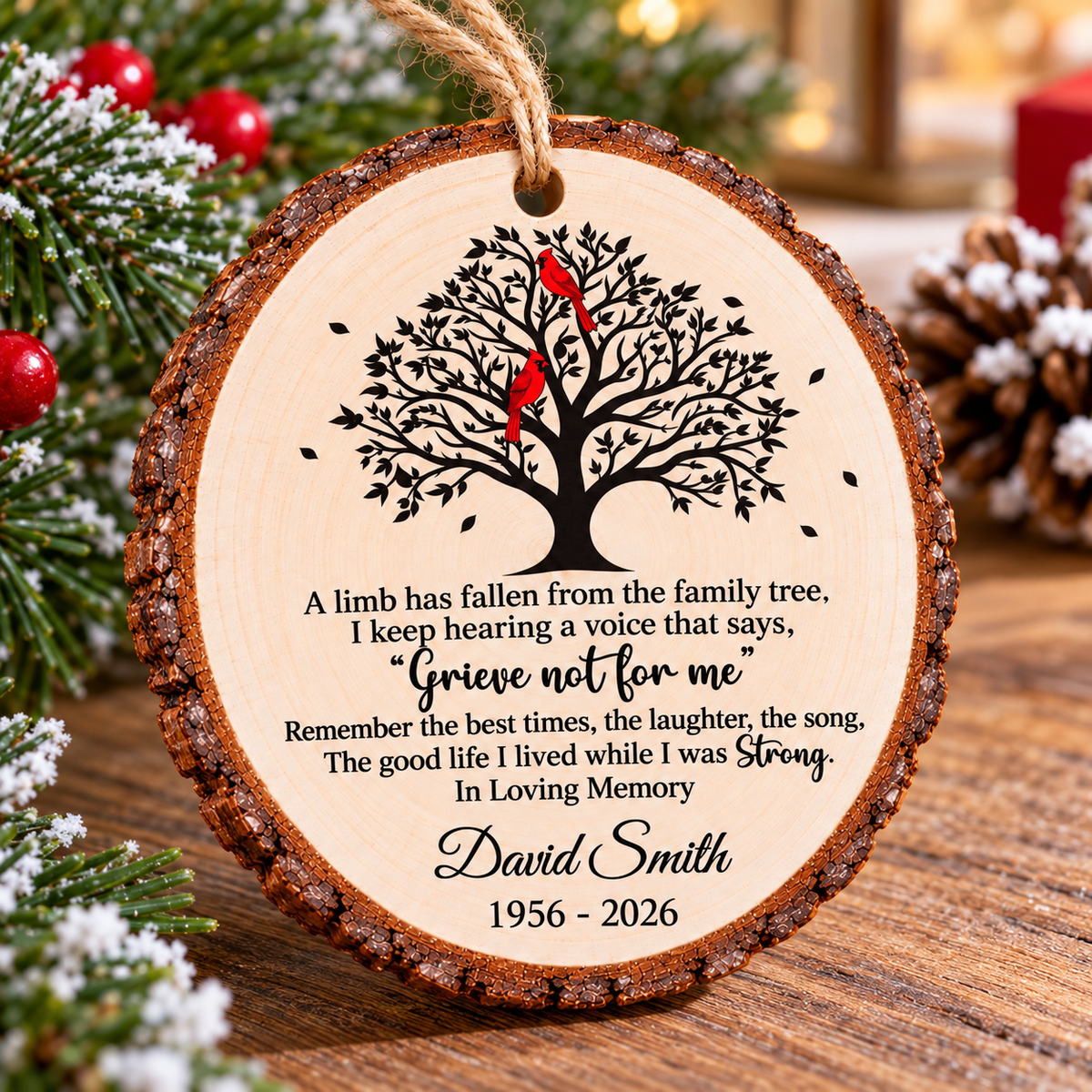Personalized Cardinal Family Tree Memorial Wood Ornament Remembrance Gift - angled product view