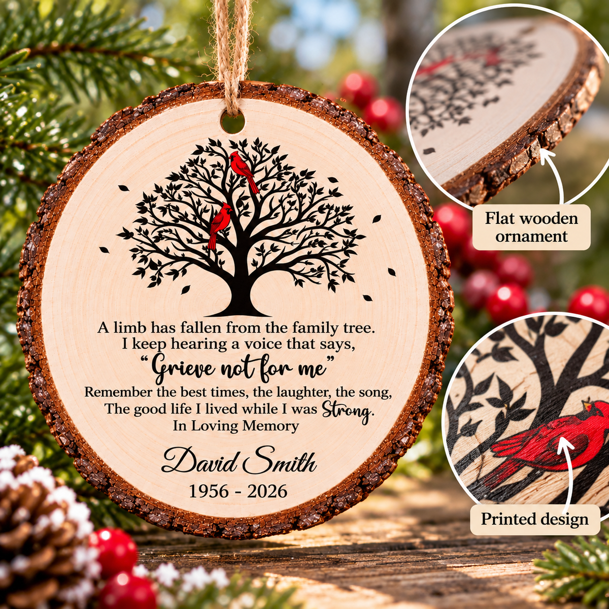 Personalized Cardinal Family Tree Memorial Wood Ornament Remembrance Gift - material and flat print detail