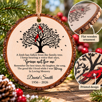 Personalized Cardinal Family Tree Memorial Wood Ornament Remembrance Gift - material and flat print detail