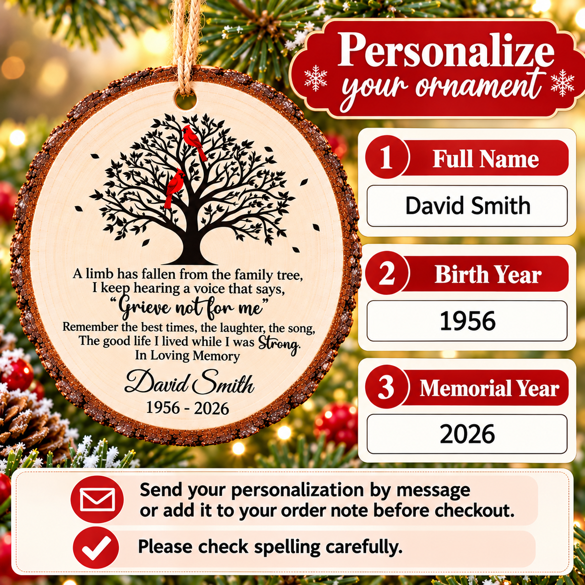 Personalized Cardinal Family Tree Memorial Wood Ornament Remembrance Gift - personalization guide
