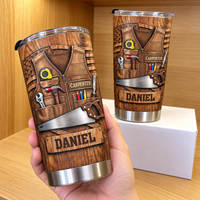 Personalized Carpenter Tool Belt Tumbler held in hand, showing a custom name panel and woodworker gift design.