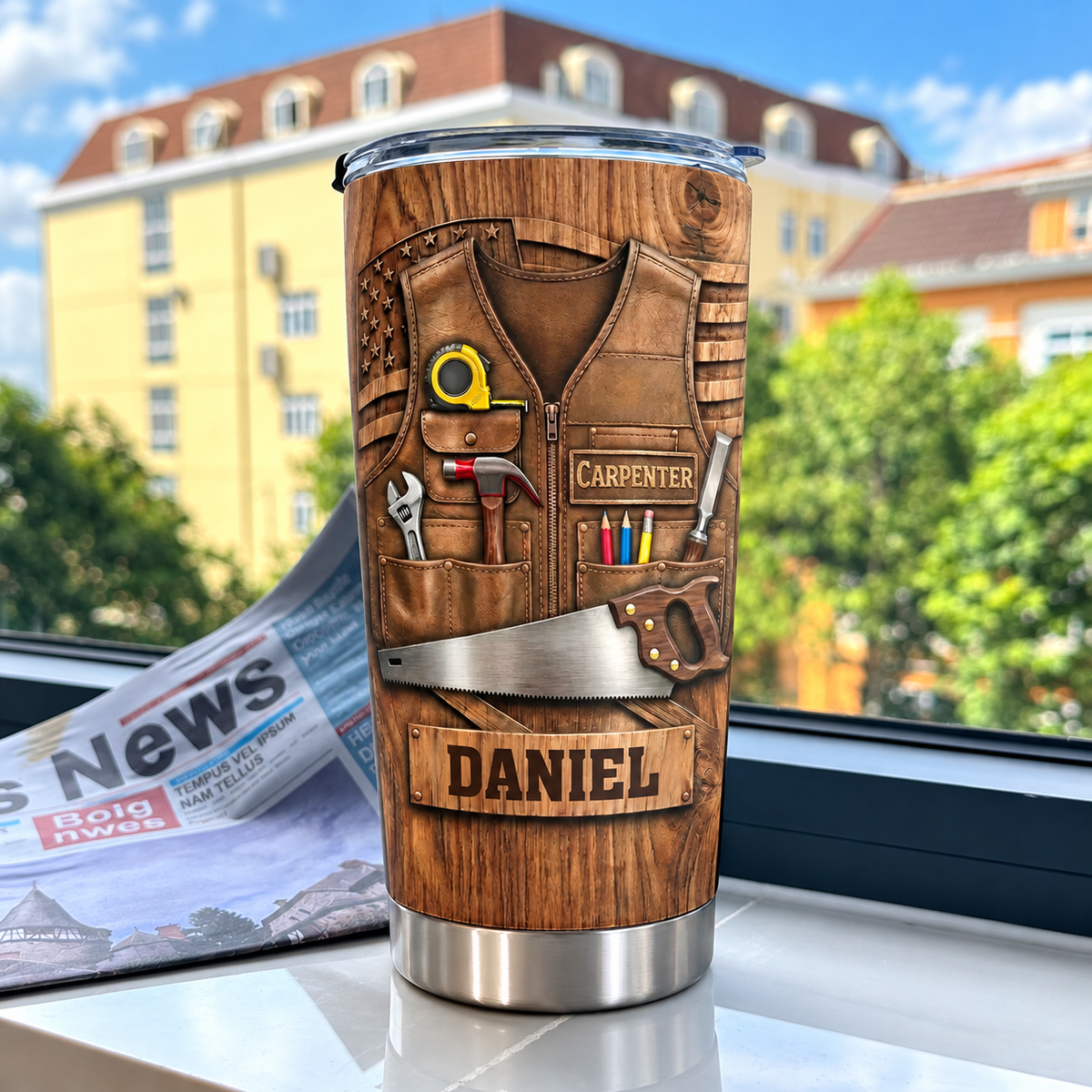 Personalized Carpenter Tool Belt Tumbler displayed on a white surface with a newspaper background.