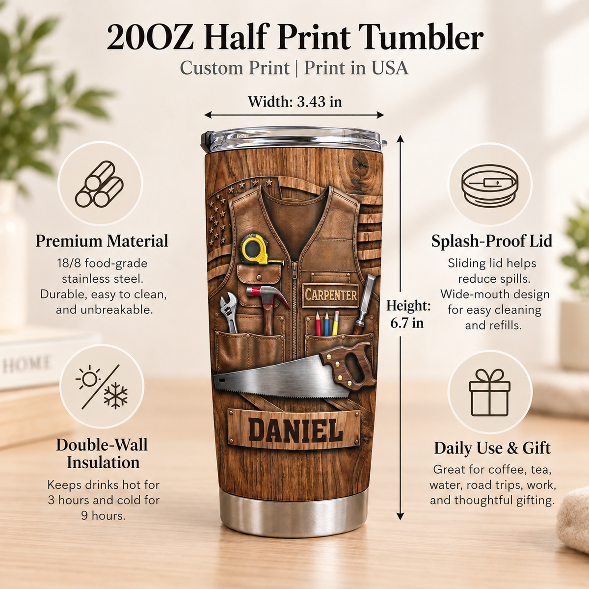 Infographic showing features and dimensions of the Personalized Carpenter Tool Belt Tumbler.