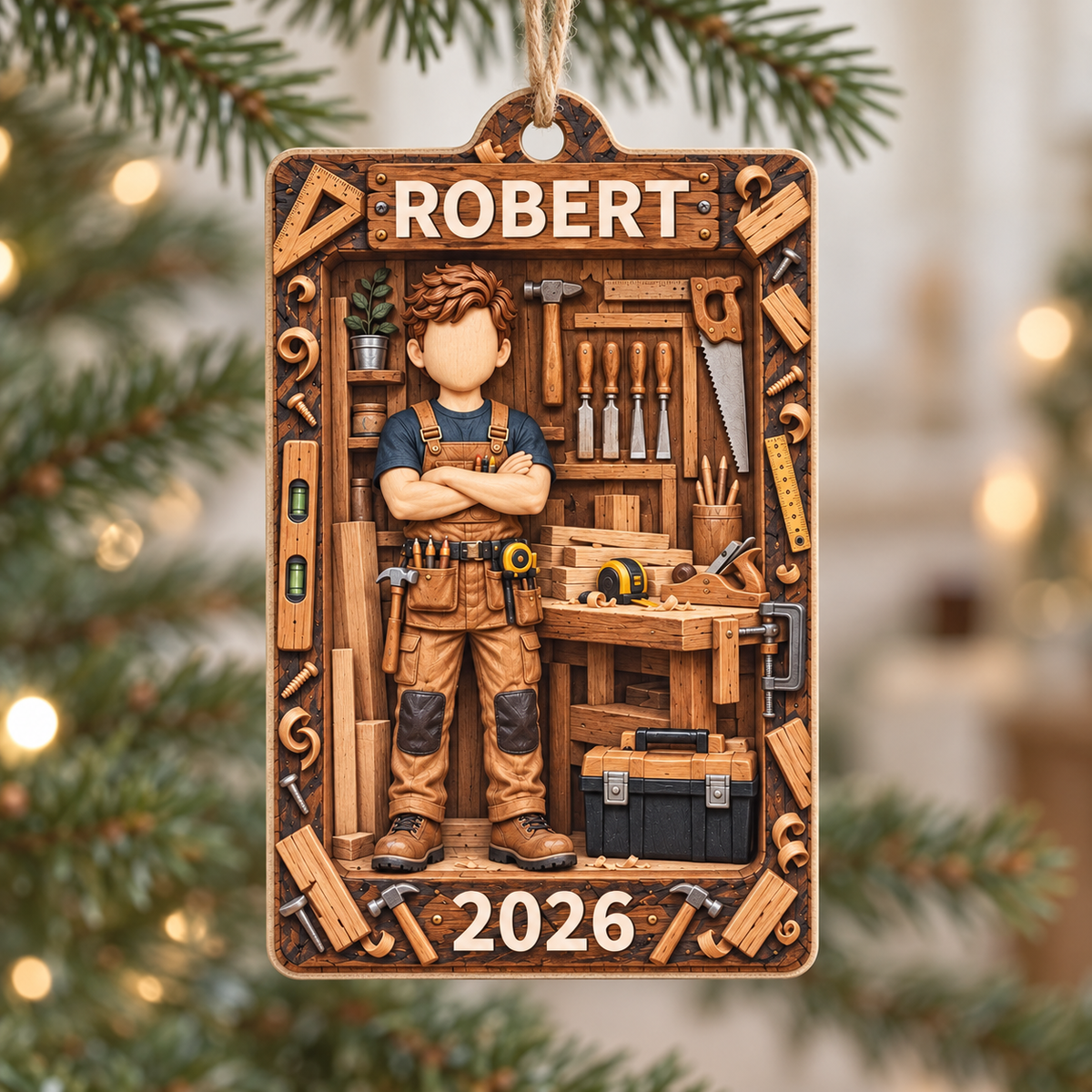 Personalized Carpenter Workshop Wood Ornament Custom Name Year Christmas Gift - main design