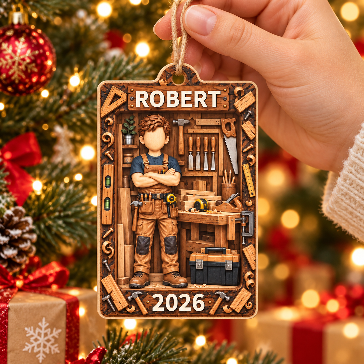 Personalized Carpenter Workshop Wood Ornament Custom Name Year Christmas Gift - product view 2