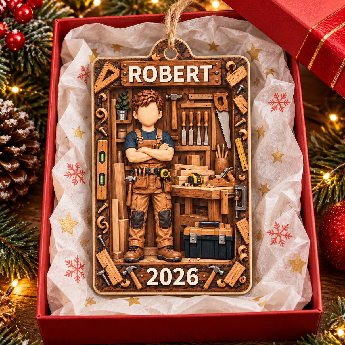 Personalized Carpenter Workshop Wood Ornament Custom Name Year Christmas Gift - product view 4
