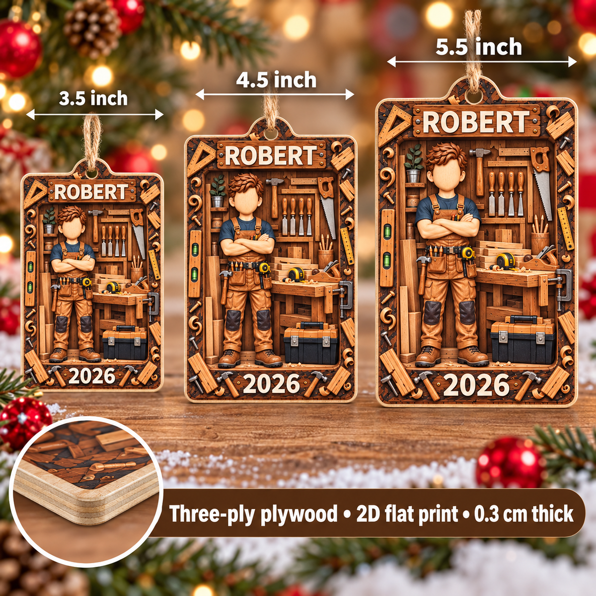 Personalized Carpenter Workshop Wood Ornament Custom Name Year Christmas Gift - size and material details