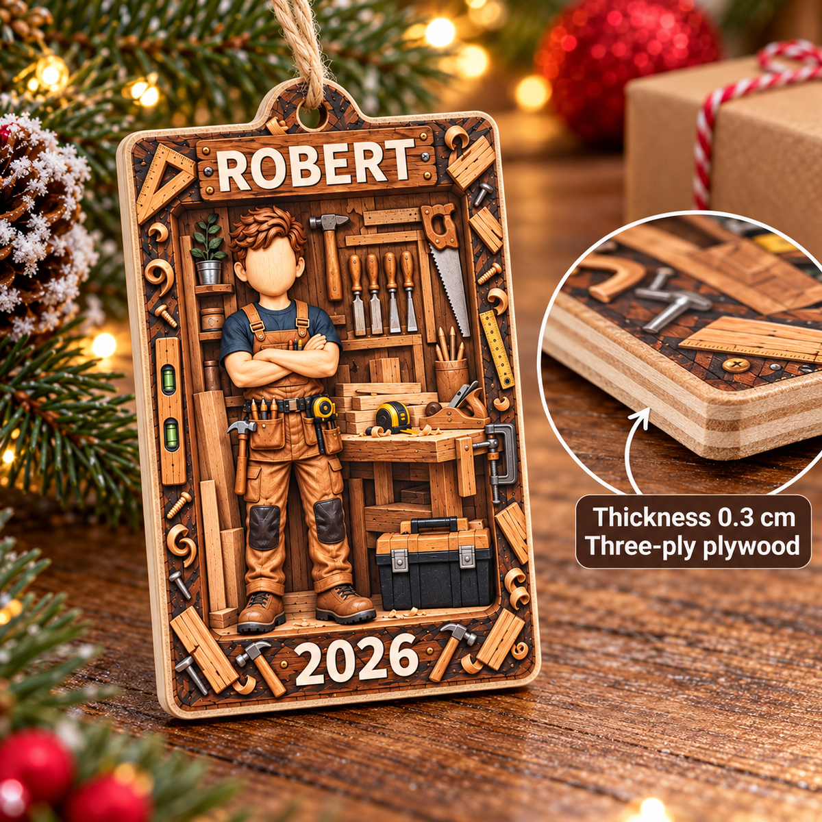 Personalized Carpenter Workshop Wood Ornament Custom Name Year Christmas Gift - size and material details