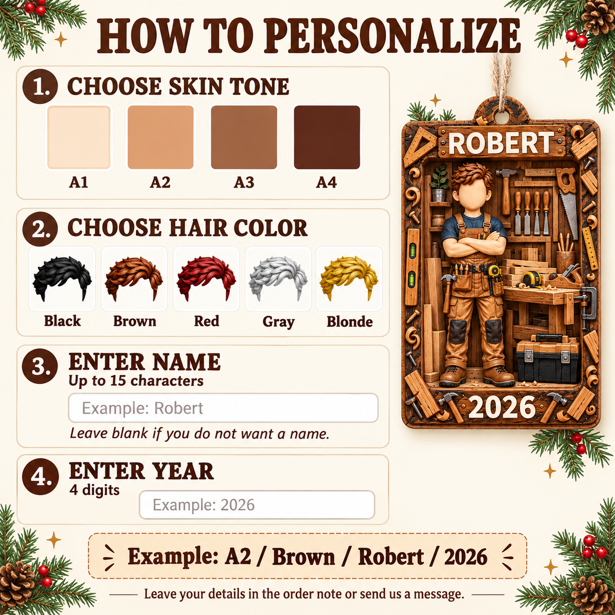 Personalized Carpenter Workshop Wood Ornament Custom Name Year Christmas Gift - personalization guide