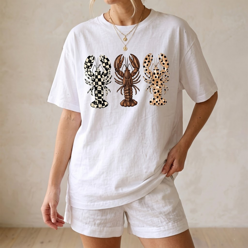 Preppy Patterned Lobster Graphic Tee T-Shirt Coastal Grandmother Beachy Aesthetic Summer Vacation Breathable Blend Oversized Fit Short Sleeve Top Leopard Checkerboard Polka Dot Print