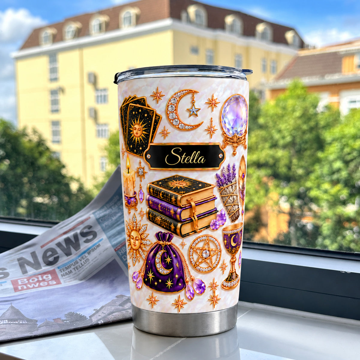 Personalized Celestial Witch Tumbler with tarot cards and books on a windowsill.