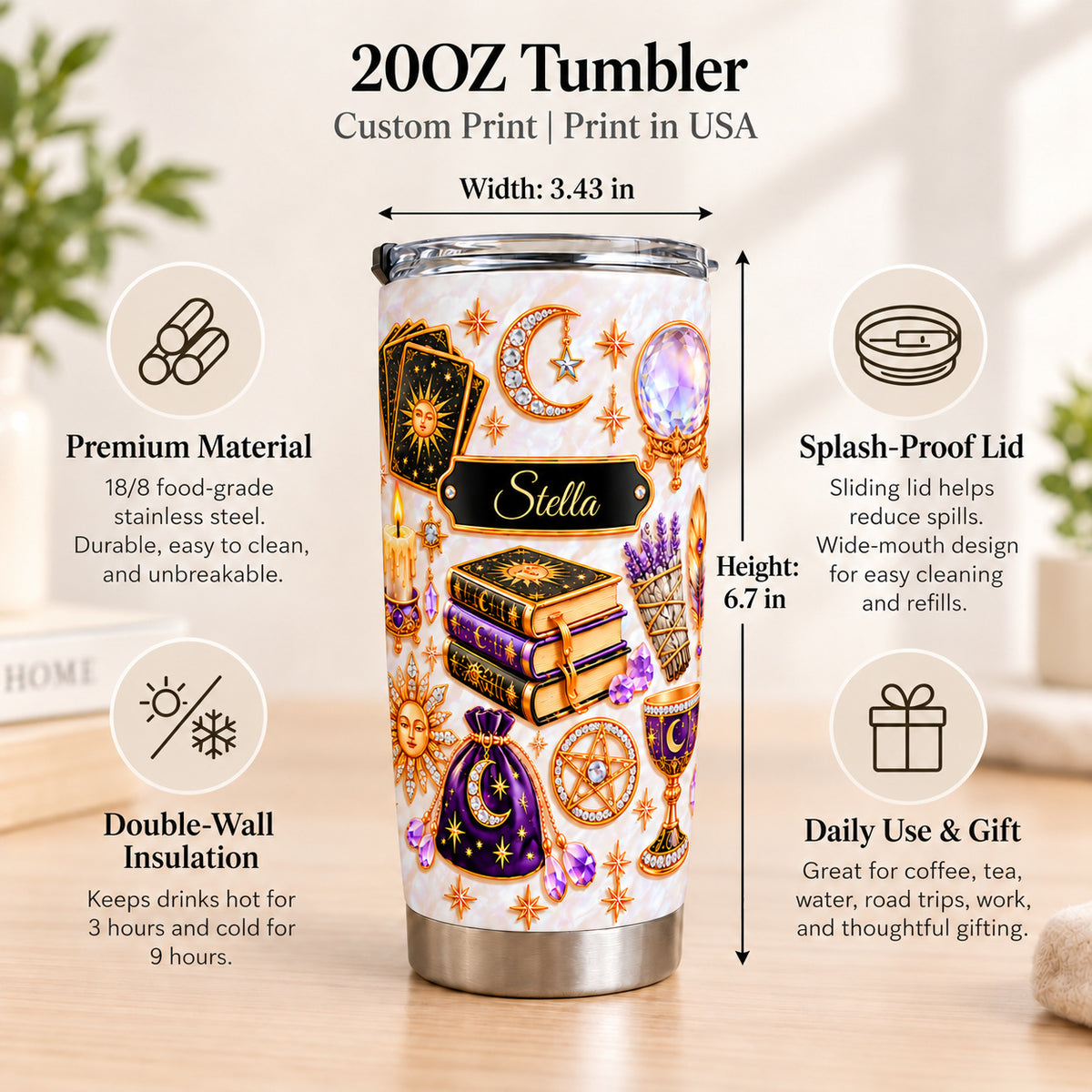 Infographic detailing features of the 20 oz personalized celestial witch tumbler with stacked books and tarot cards.