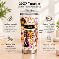 Infographic detailing features of the 20 oz personalized celestial witch tumbler with stacked books and tarot cards.
