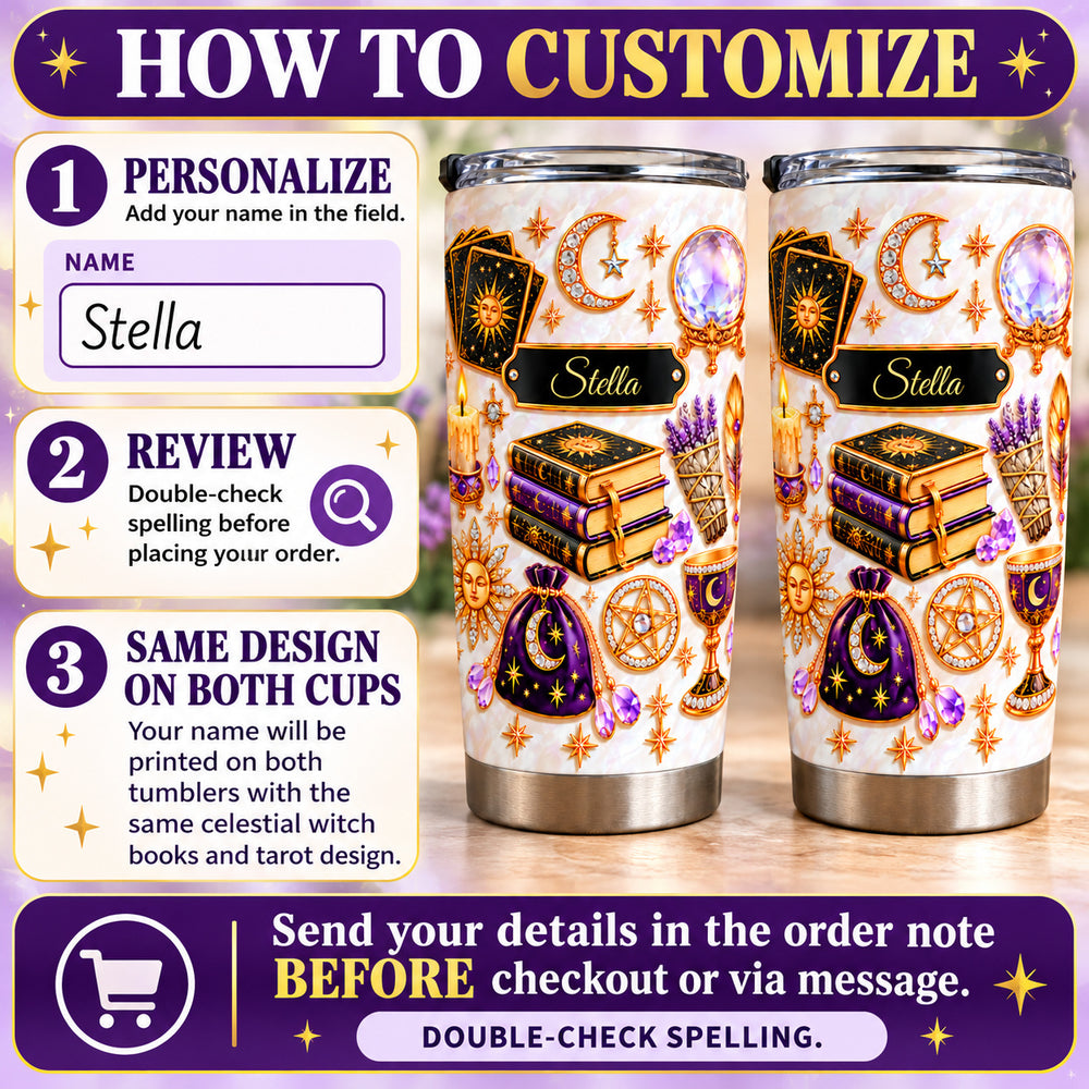 Instruction graphic showing how to personalize the custom celestial witch tumbler with a name like Stella.