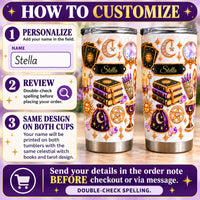 Instruction graphic showing how to personalize the custom celestial witch tumbler with a name like Stella.