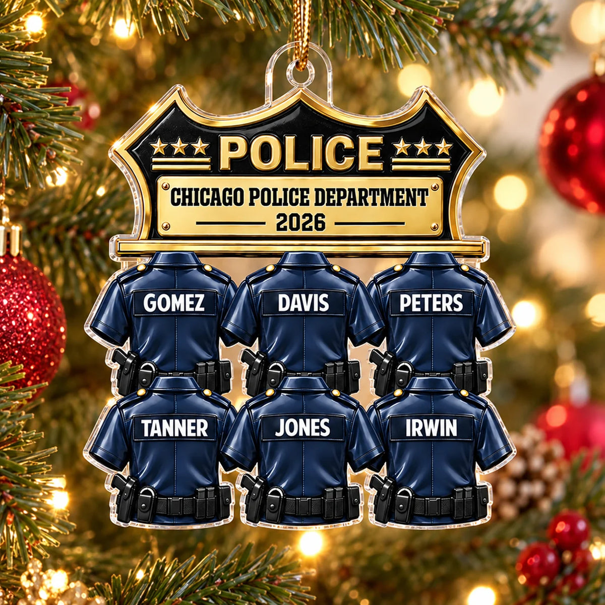 Close-up of a single Chicago Police Department ornament with six custom police uniform shirt rows.
