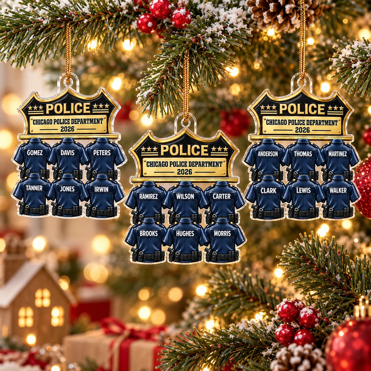 Three different personalized Chicago Police Department ornaments displayed against a holiday tree background.