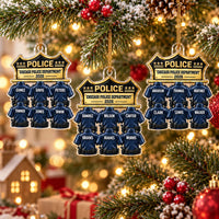 Three different personalized Chicago Police Department ornaments displayed against a holiday tree background.