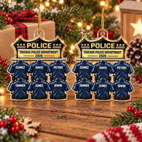 Two identical Chicago Police Department ornaments resting on a wooden surface with festive decor.