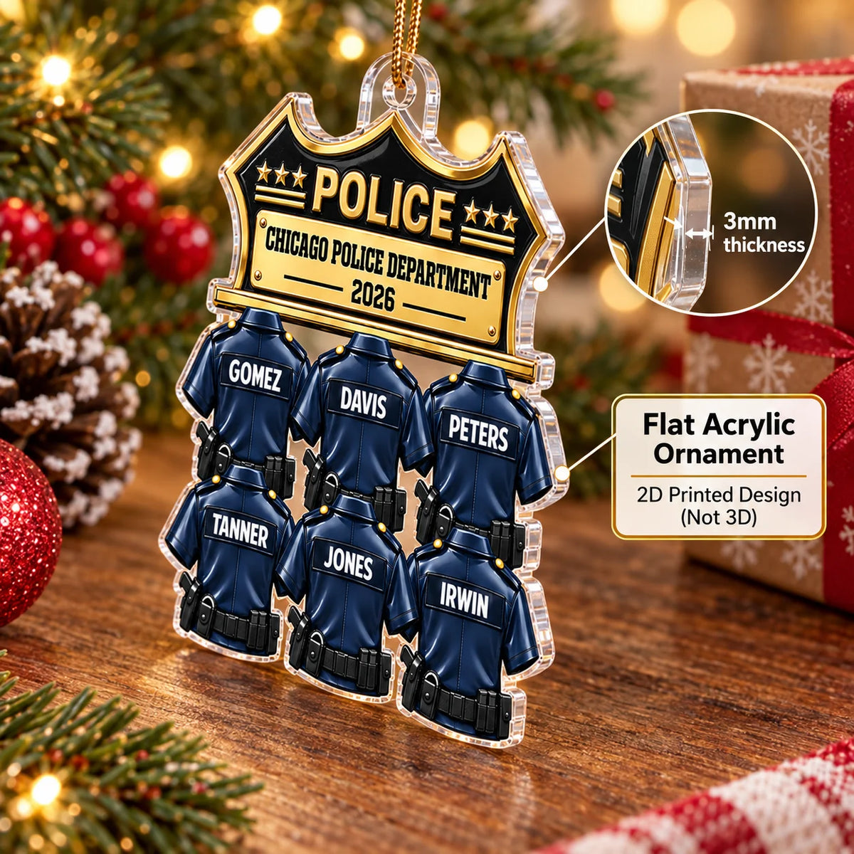 A close-up view highlighting the 3mm thickness of the flat acrylic Chicago Police Department ornament.