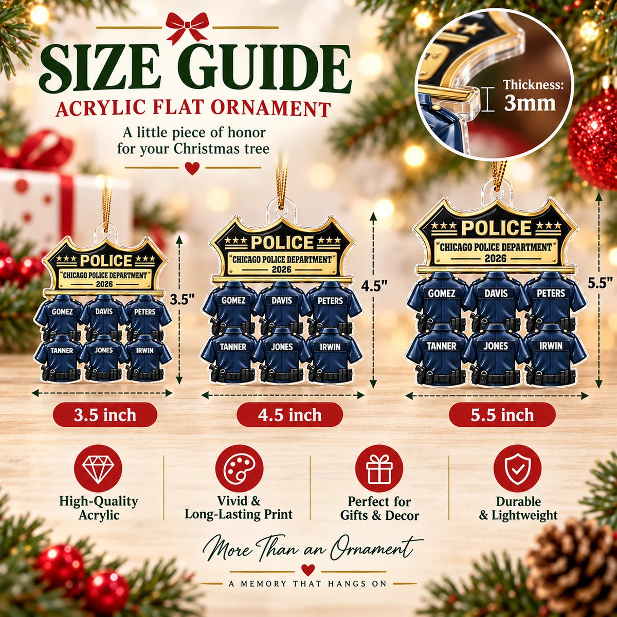 A size guide showing three different hanging Chicago Police Department ornaments measuring 3.5, 4.5, and 5.5 inches.