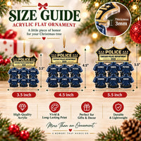 A size guide showing three different hanging Chicago Police Department ornaments measuring 3.5, 4.5, and 5.5 inches.