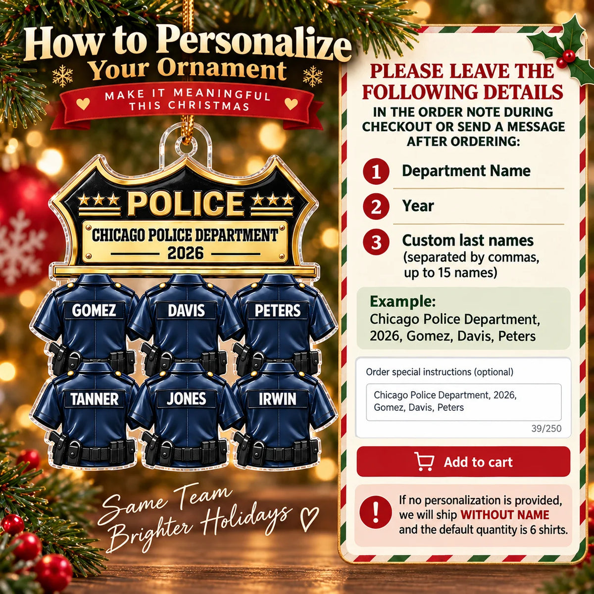 Personalized Chicago Police Department acrylic ornament hanging with six custom navy shirts and a badge header beside