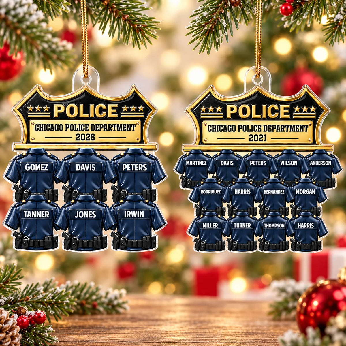 Two personalized Chicago Police Department ornaments hanging side by side on a twinkling Christmas tree.
