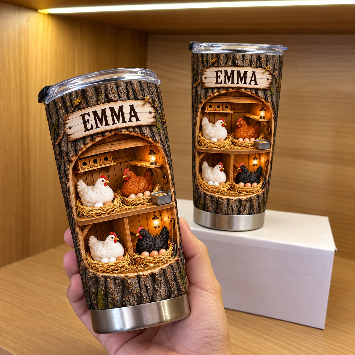 Two custom name tumblers featuring backyard poultry keeper gift design displayed on a white box.