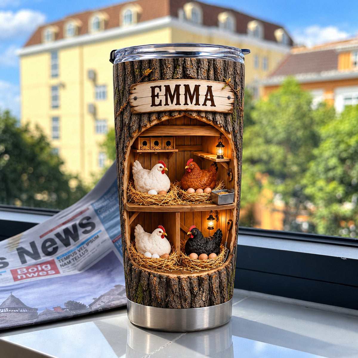 Insulated stainless steel tumbler with rustic hen house graphic set against a blurry urban background.