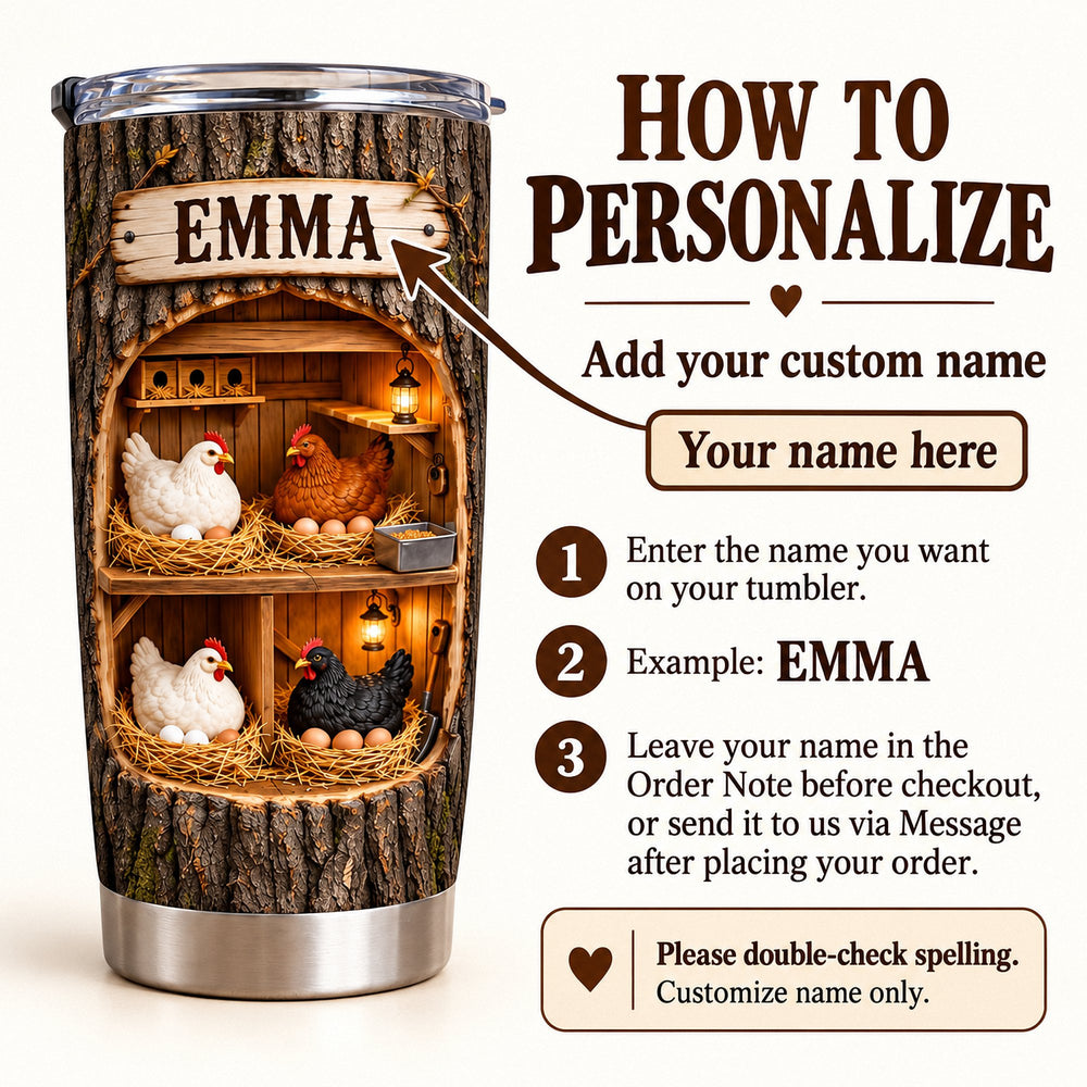 How to personalize infographic showing custom name Emma on chicken coop tumbler with tree bark exterior.