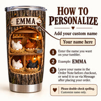 How to personalize infographic showing custom name Emma on chicken coop tumbler with tree bark exterior.