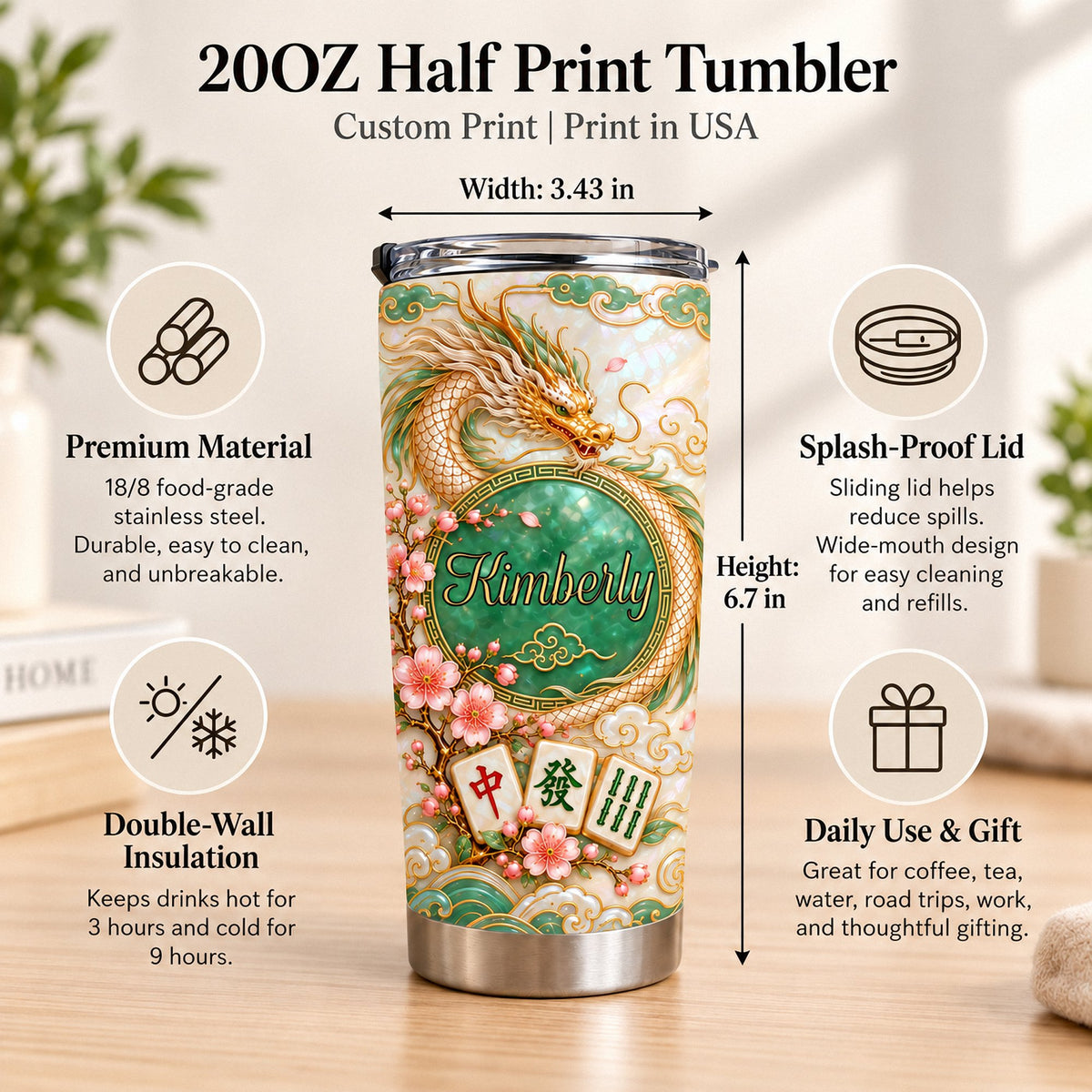 Stainless steel travel cup feature infographic showing dimensions, insulation details, and splash-proof lid.