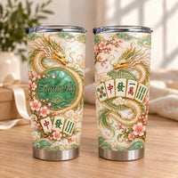 Two stainless steel travel tumblers with gold dragon, pink cherry blossoms, jade circle showing name Kimberly, and Mahjong