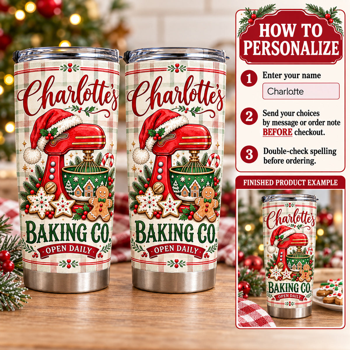 Personalized Christmas Baking Tumbler Custom Name Baker Gift - personalization options and ordering guide